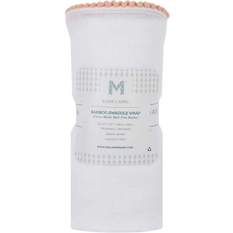 Luxe Silky Soft Bamboo Cotton Swaddle - Peach Pom Pom Trim