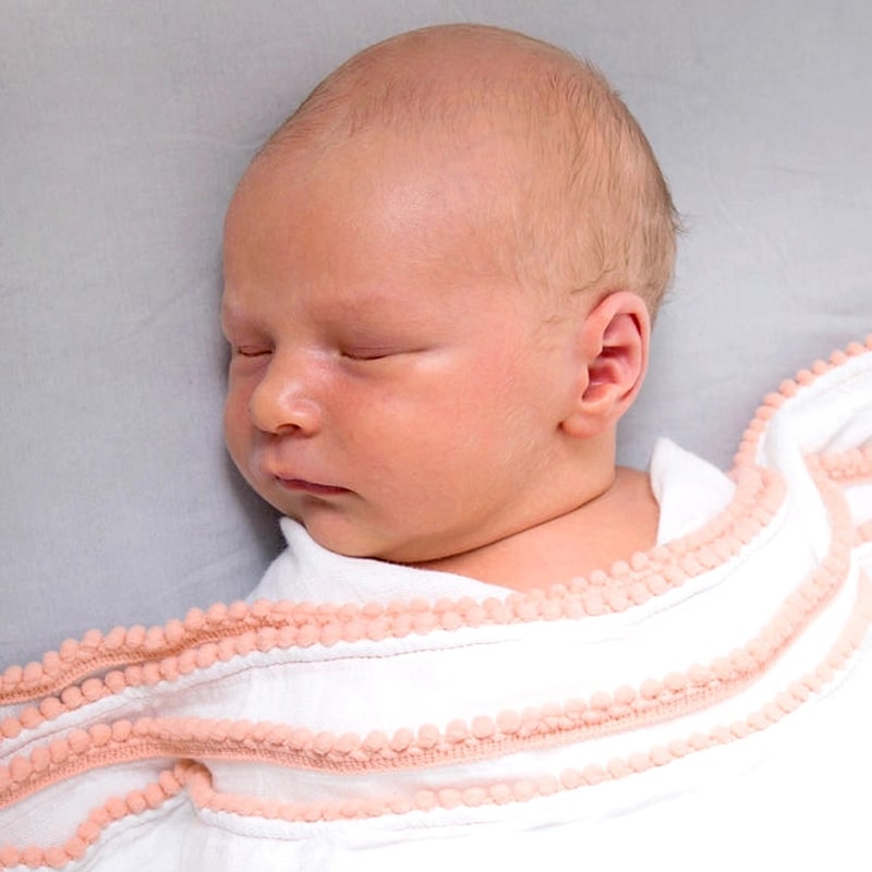 Luxe Silky Soft Bamboo Cotton Swaddle - Peach Pom Pom Trim