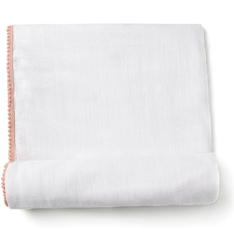 Luxe Silky Soft Bamboo Cotton Swaddle - Peach Pom Pom Trim